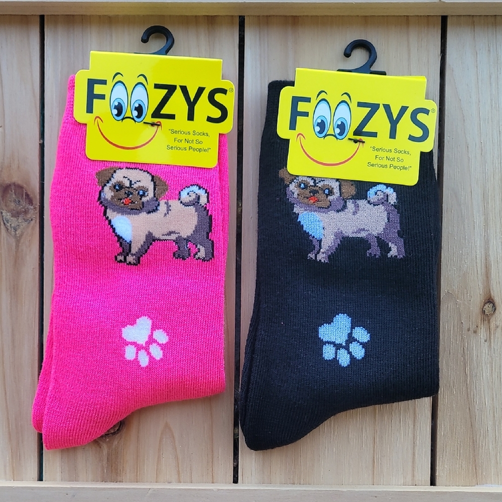 NWT Foozy 's Women's Pug Dog Socks - Pink and Black 2 Pair Set
